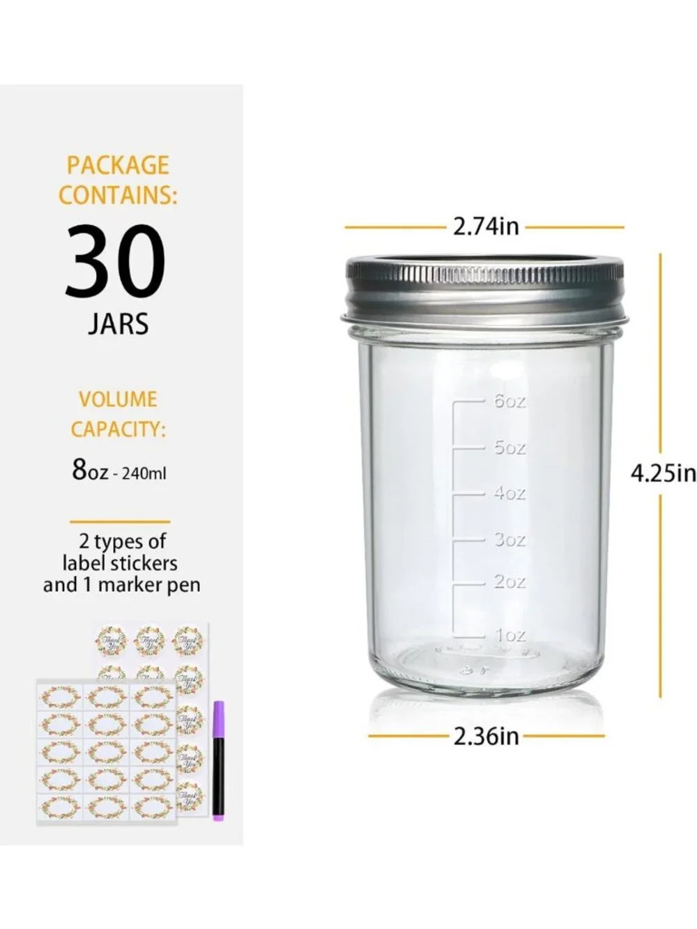 30 Pack Half Pint Mason Jars with Lids - Perfect for Canning & Storage